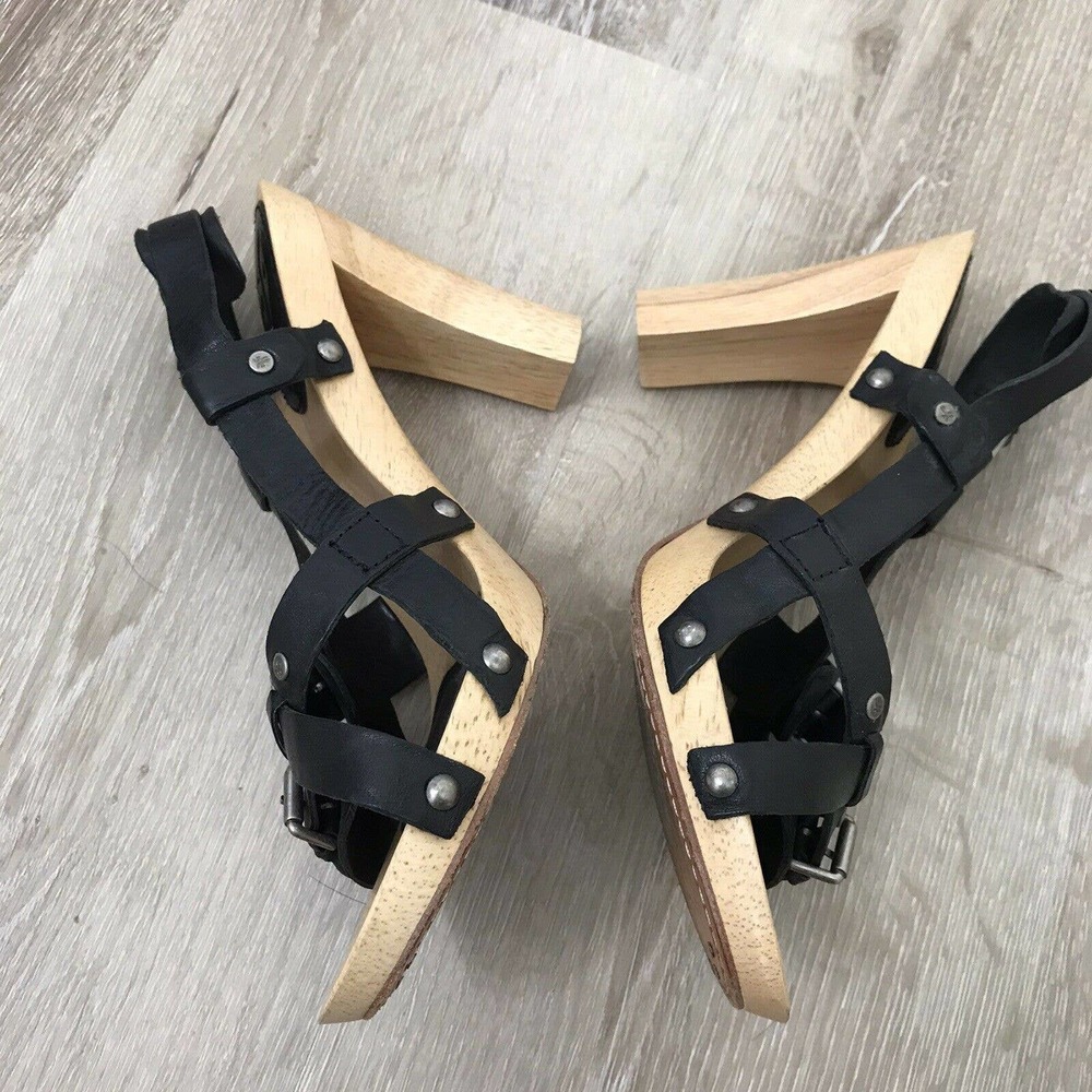 Frye Black Dolly Buckle Wood Clog Heels 8